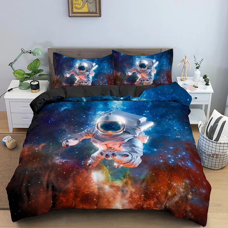 Astronaut King Queen Duvet Cover Space Cycling Bedding Set Cartoon Universe Comforter Cover Galaxy 2/3Pcs Polyester Quilt Cover
