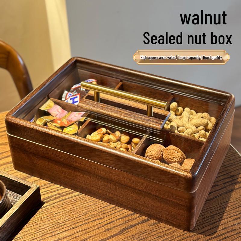 North American Black Walnut Six-Compartment Solid Wood Snack Box with Lid for Nuts and Snacks.