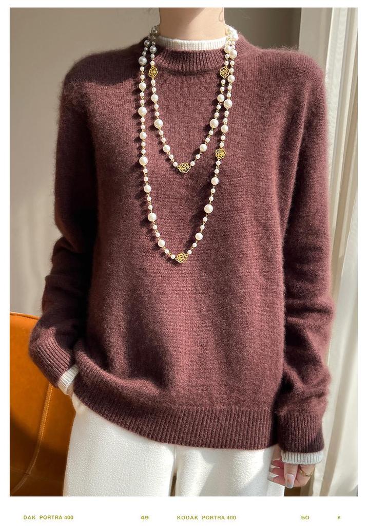 Women's Pink Color Block Wool Sweater: Autumn/Winter, Loose, Thick, Round Neck, Fake Two-Piece, Lazy Knit Base Layer