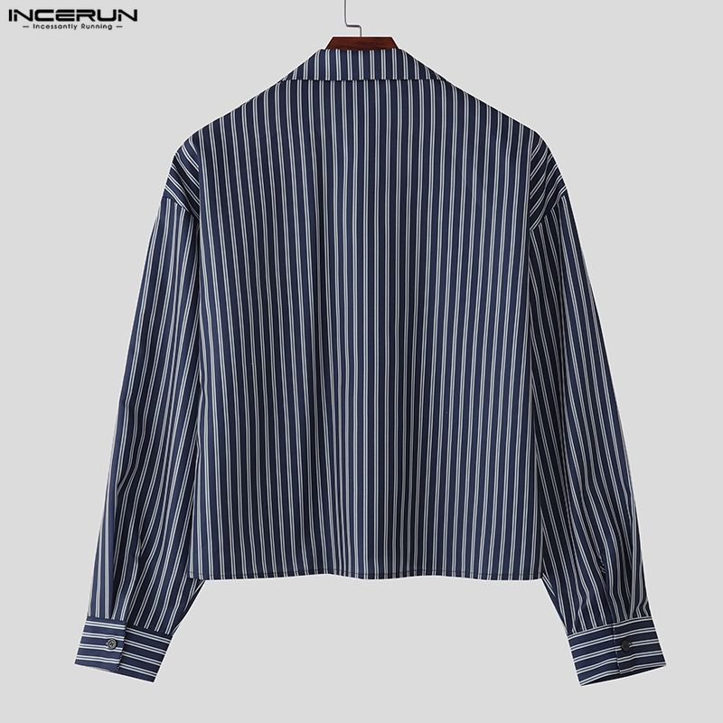 INCERUN Übergroße Herren Langarm Gestreiftes Druckhemd Lässig Locker Knopfleisten-Oberteile
