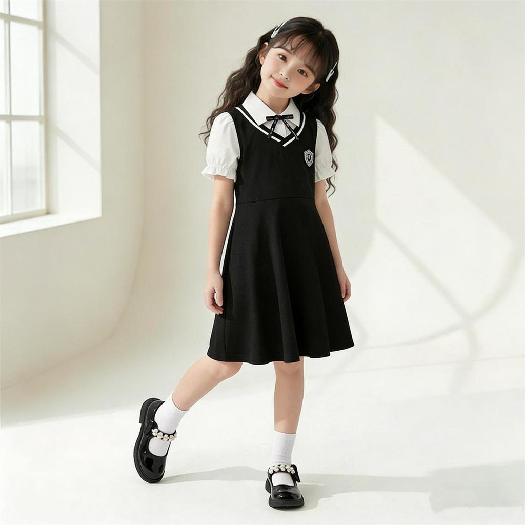 Girls' Stylish Academy-Style Shirt Collar Dress - Kids' Two-Piece Summer Outfit