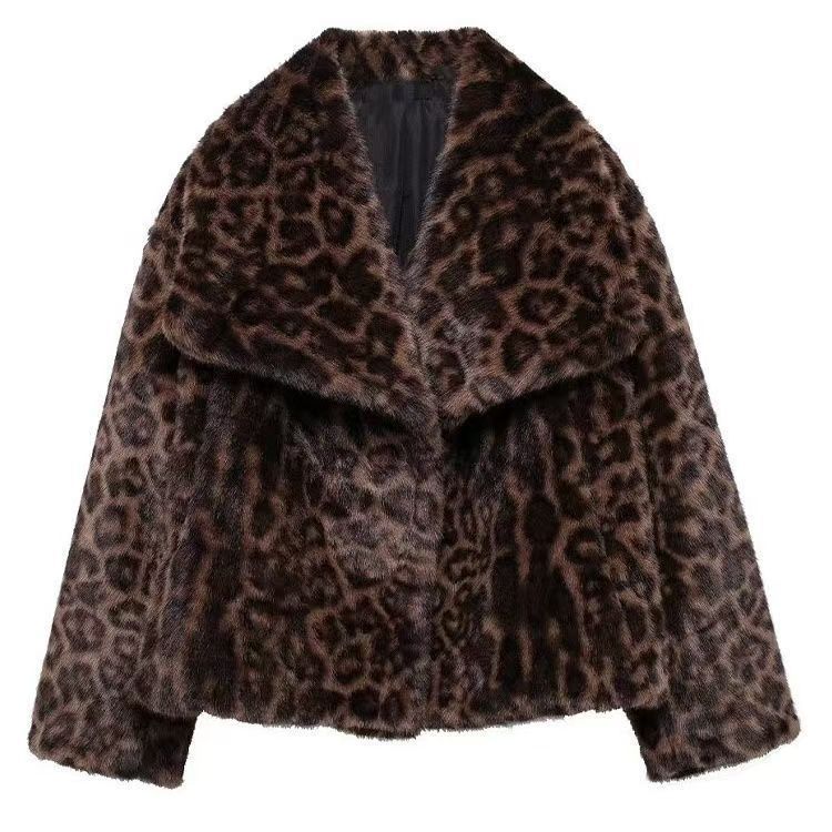 Winter leopard print fur jacket imitation mink hair large lapel women's top fluff loose short