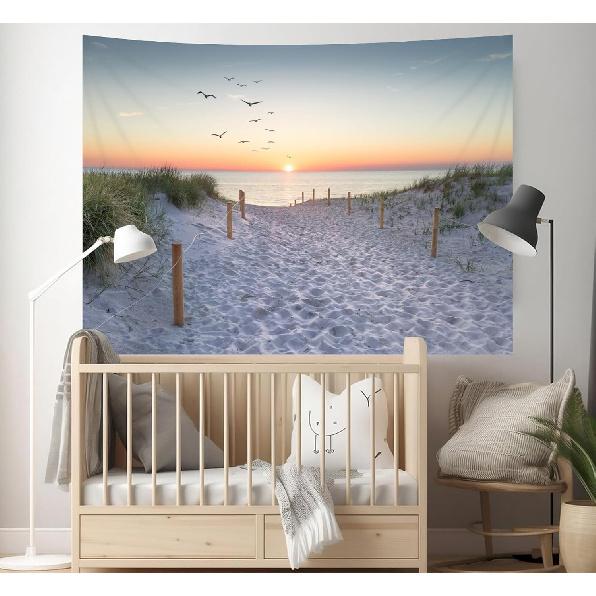 TUGCAY Ocean Beach Tapestry Sunset Seabird Seaside with Grass Wall Hanging Tapestries Nature Landscape Tapestry for Bedroom Living Room Dorm Decor,