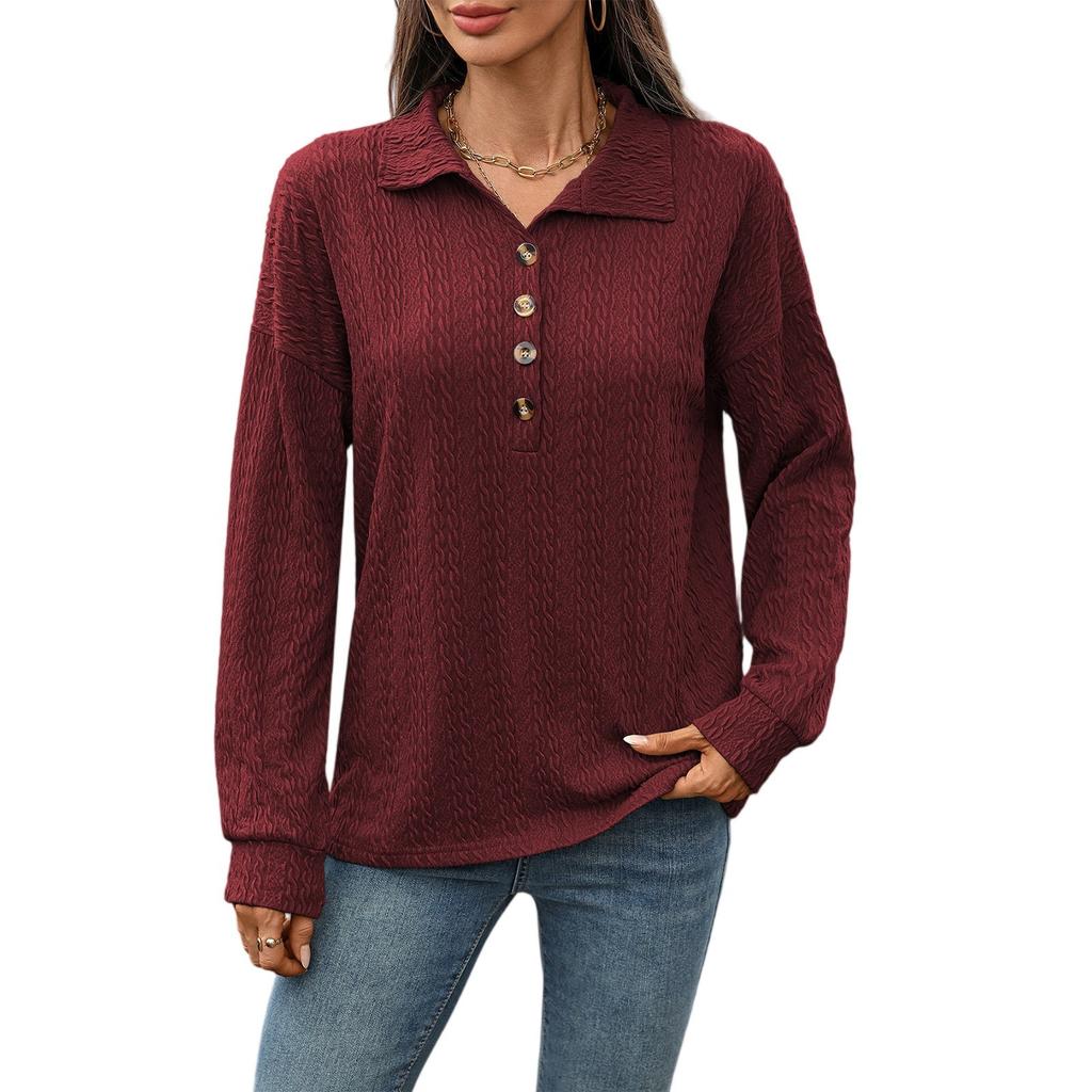 Dammode Enfärgad Revers Knäppning Sömnad Lös Långärmad T-shirt Topp