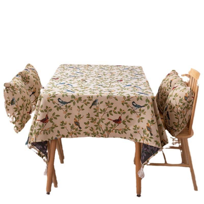Vintage Woven Floral Bird Tablecloth Rectangle Tassel Table Cover Dining Coffee