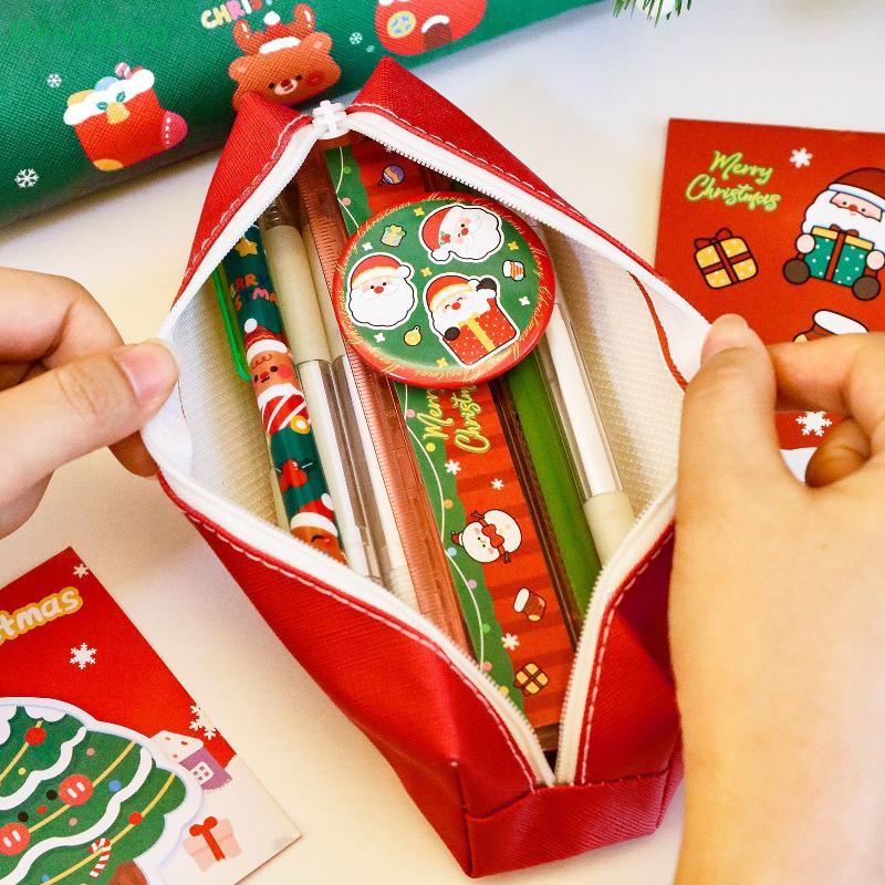 Weihnachtliches Buntstift-Etui mit Reißverschluss Weihnachtsmann Schneemann Große Kapazität Stiftebeutel Schüler Schreibwaren Aufbewahrungstasche