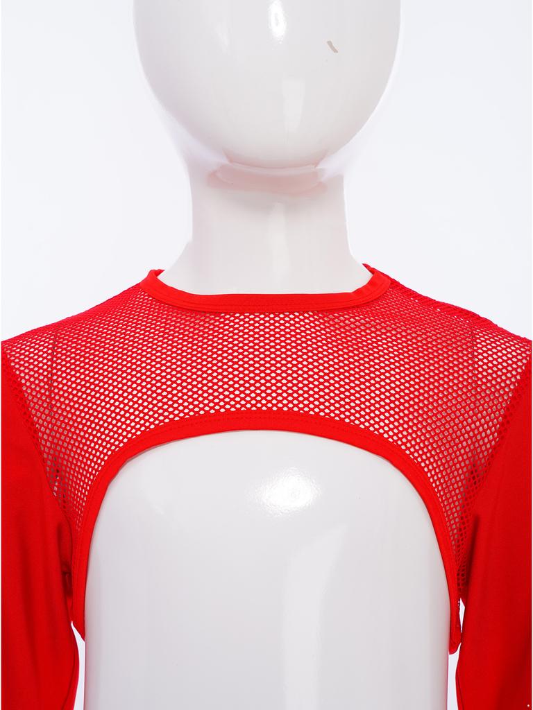 Girls Hip Hop Mesh Crop Top Long Sleeve Hollow Out Patchwork Asymmetrical Hem Dance Streetwear Top