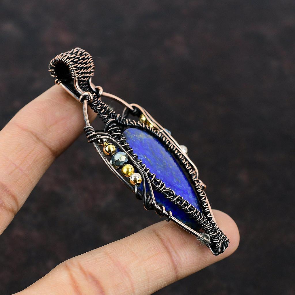 Lapis Lazuli Pendant Copper Wire Wrapped Pendant Titanium Beads Pendant Gemstone Copper Jewelry Designer Pendant Handmade Wire Wrap Jewelry