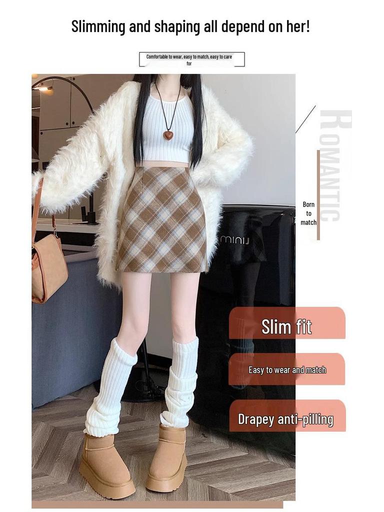Korean Style Retro Plaid High-Waist Wool A-Line Skirt for Women - 2024 Autumn/Winter Collection