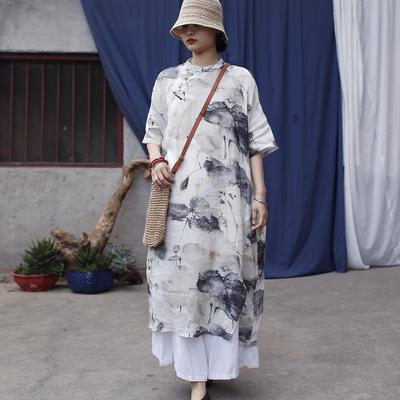 Vintage Stand Half Sleeve Dress For Women Chinese Style Print Ink Wash Painting Summer Dress