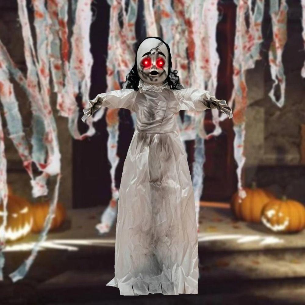 Glowing Eyes Walking Girl Doll White Clothes Swing Hanging Ghost Haunted House Prop  Entryway