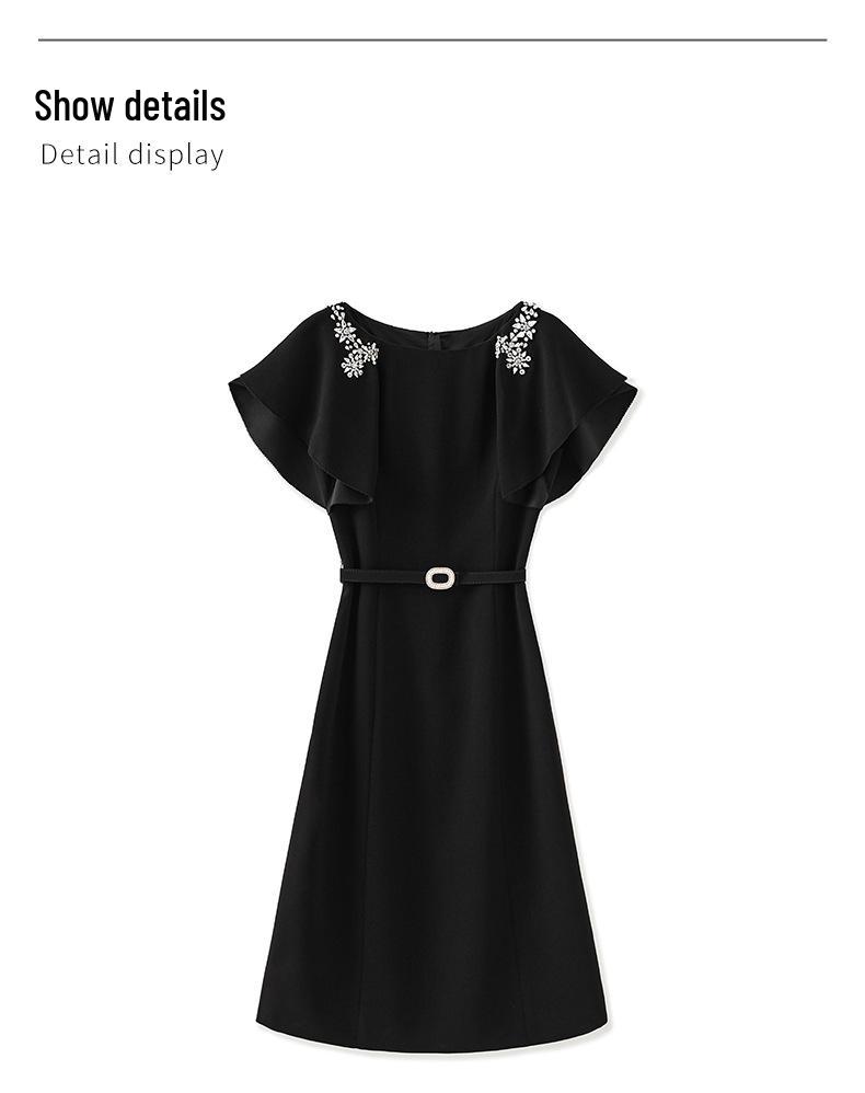 High-End Round Neck Studded Ruffle Sleeve Waist-Cinching Dress for Women - Summer Fashion