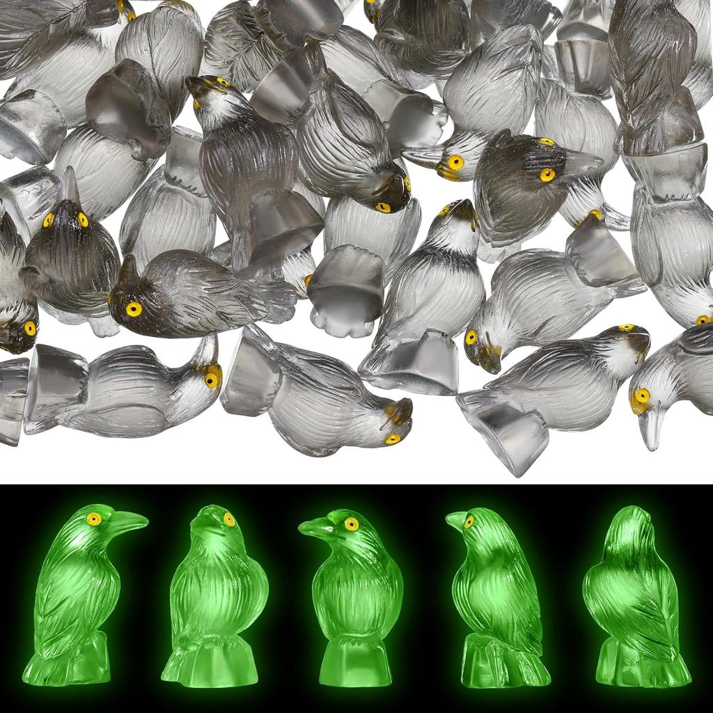 50 Pcs Mini Resin Halloween Figurines Luminous Miniature Crows Black Raven Resin Crows Figures For House Halloween Scene Decor
