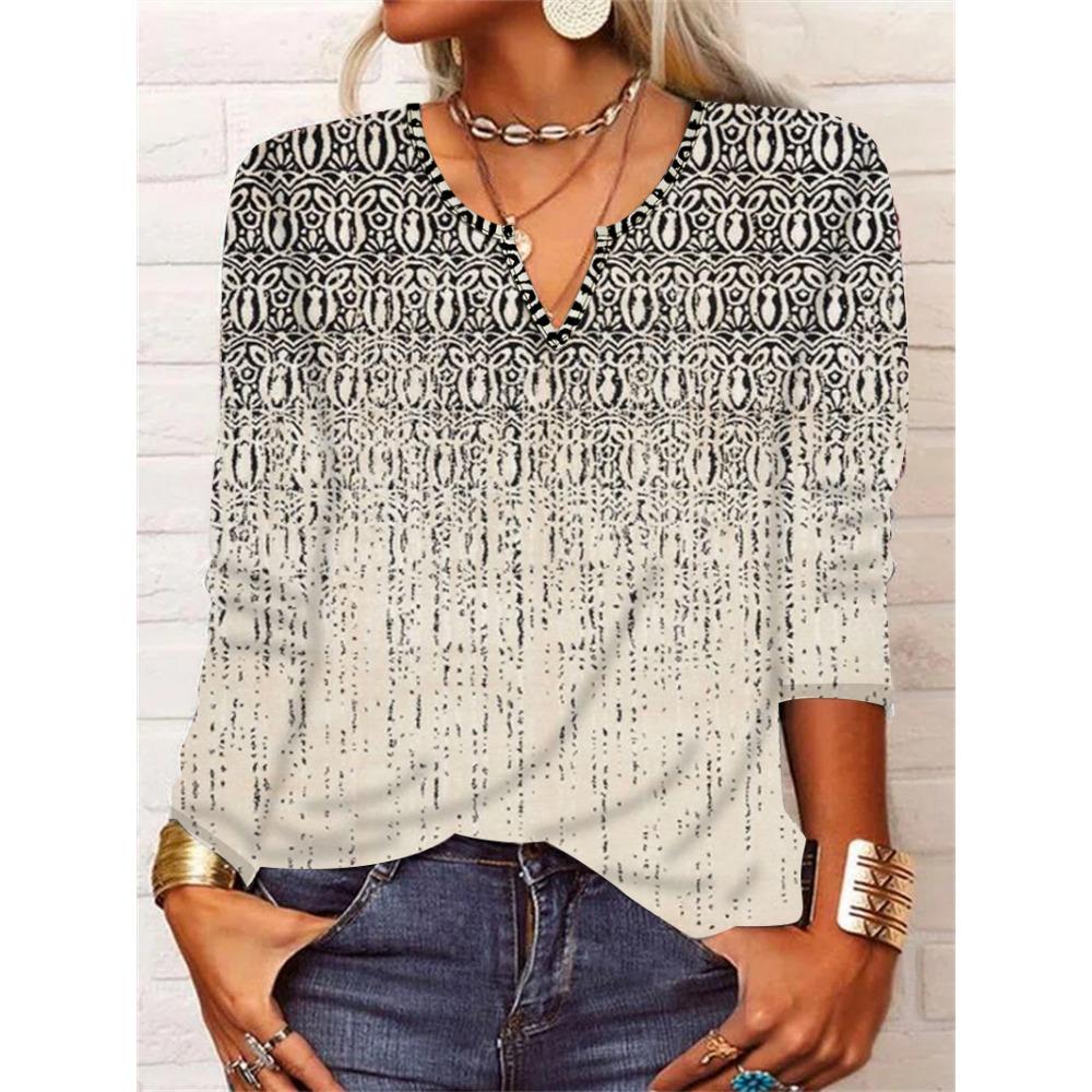 GMXIA Autumn Loose Long Sleeve Flower Bold V-neck T-shirt Base for Women