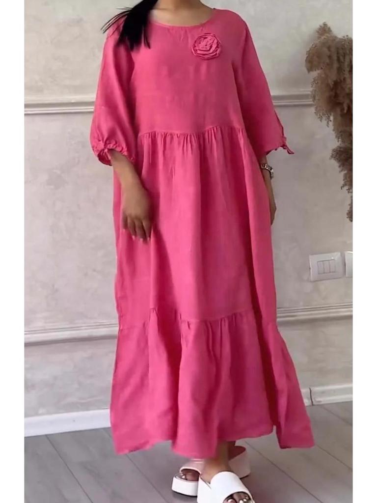 2024 EU & US Style Women's Round Neck Gathered Long Sleeve Drawstring Back Tie Solid Casual Dress