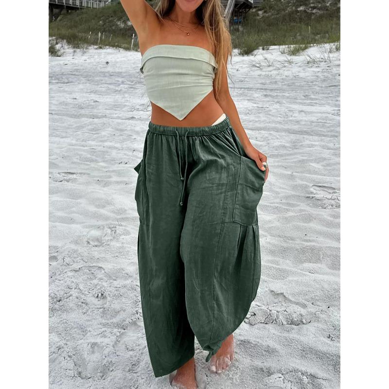 

Spring and Autumn Striped Straight-leg Pants, Stretched-waist Nine-inch Pleated Pants, Breathable Casual Pants for Women S зелений