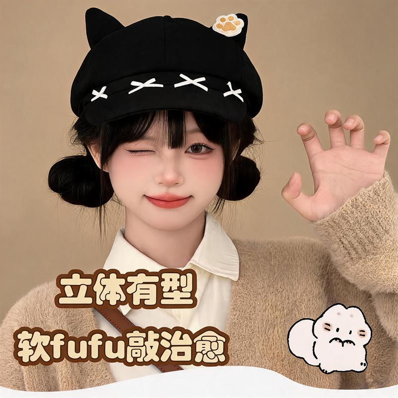 Cute cat ears star anise beret children autumn big head circumference showing face small painter hat duck tongue newsboy hat