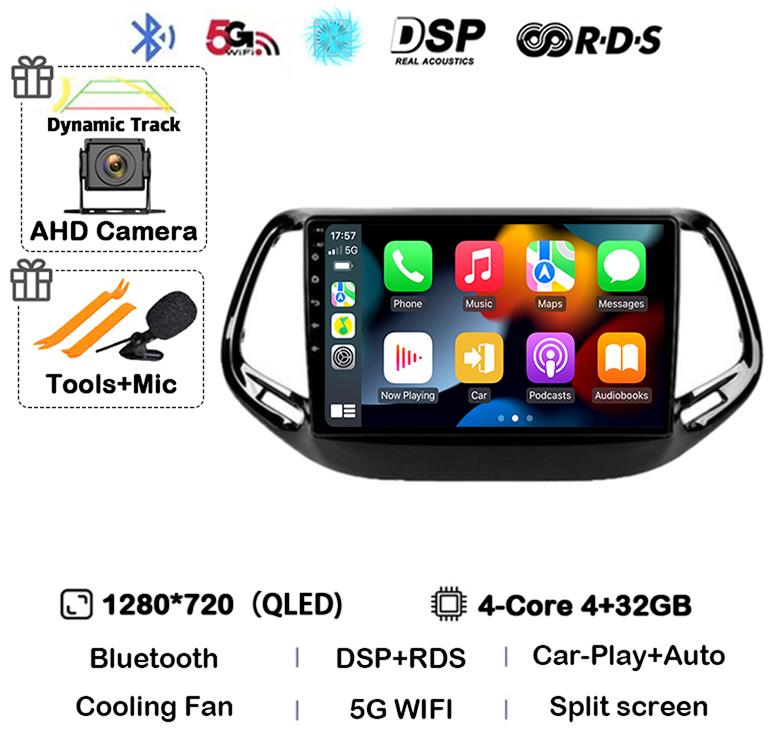 Android 14 Carplay Auto WIFI+4G For Jeep Compass 2017 2018 2019 Car Radio GPS Stereo Multimedia Video Player 2din Head Unit DSP