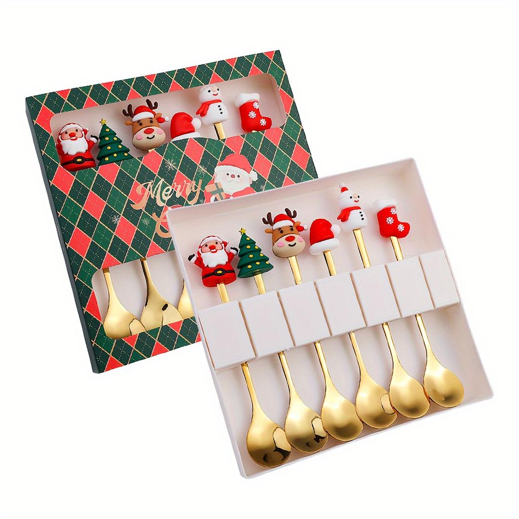 Leeseph Christmas Coffee Spoons Forks Set (4/6Pcs), Stainless Steel Spoon Forks Christmas Gifts for Kids(Red/Green Gift Box Set)