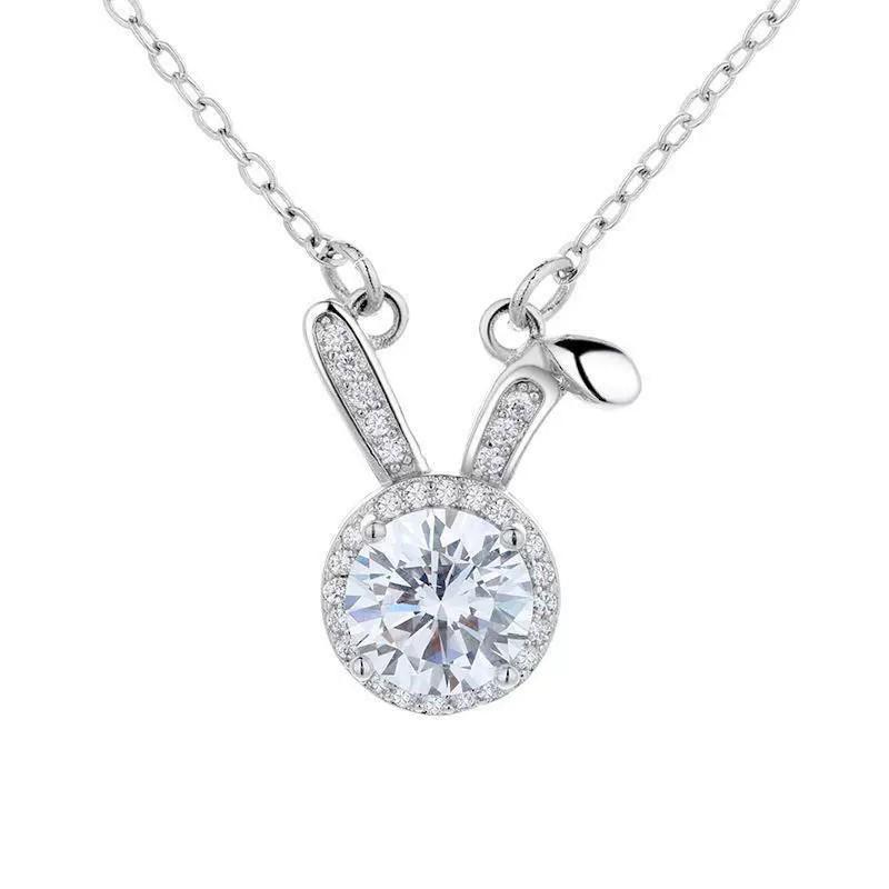 S925 Sterling Silver Moissanite Rabbit Ear Pendant Necklace for Women - Cute Douyin-Inspired Style 925 Silver