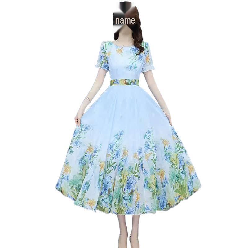 Women's Short-Sleeve Elegant Floral Chiffon Dress, Summer 2026, Round Neck, Tall Slimming Fit, Wide Hem Long Skirt