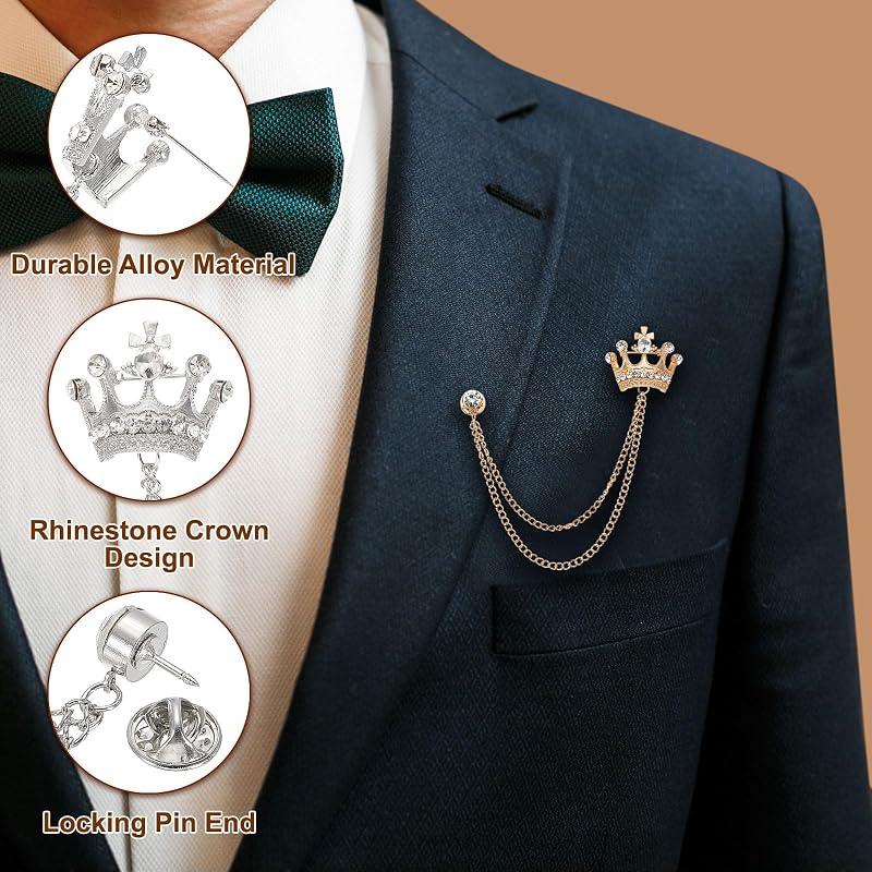 PATIKIL Crown Hanging Chain Brooch Pin Rhinestone Suit Pin Fashion Chris Talulah Per Pins (White)
