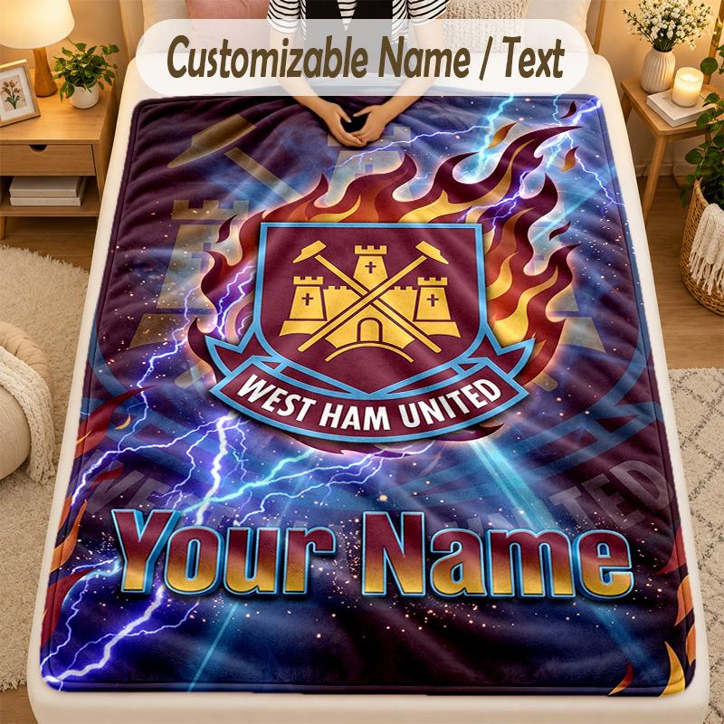 Flannel BlanketWest Ham United FC Custom Name Text Personalized Soft Warm Throw Blanket Home Decor Gift
