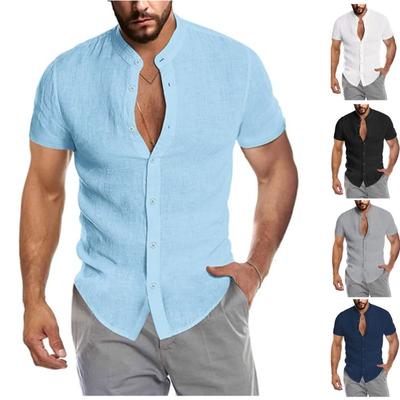 Sommer V-Ausschnitt Leinen neuer Cardigan Stehkragen Kurzarm Herrenhemd