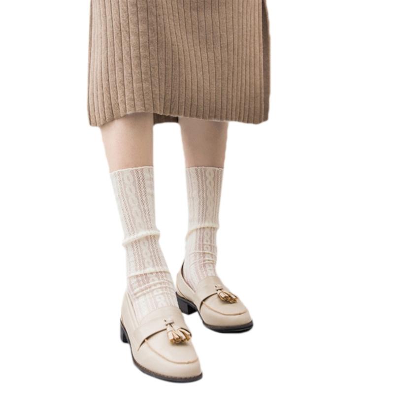 Women Lolita Preppy Style Mesh Lace Crew Socks Twist Striped Jacquard Patterned Solid Color Princess Mid Tube Hosiery
