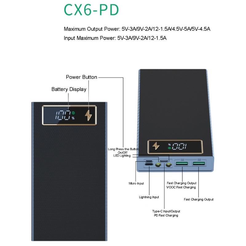 6x18650 Battery Storage Box PD Quick Charge Power Bank Case Support Wireless Charging/Quick Charging Functions