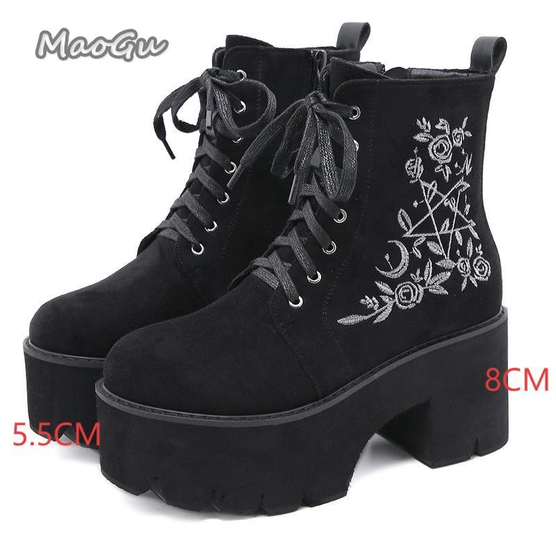 Fashion Punk Style Super High Heel Goth Boots Black Chunky Heeled Metal Decor Women's Ankle Boots Platform Botas Mujer Size35 42 Botines