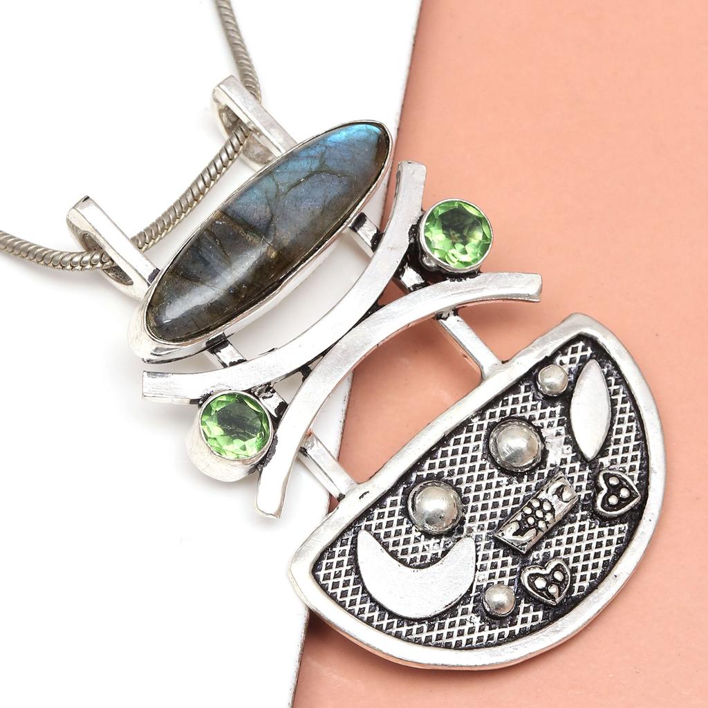 Pendant Silver  Peridot Labradorite Gemstone Jewelry Sterling 2.5" Fiery