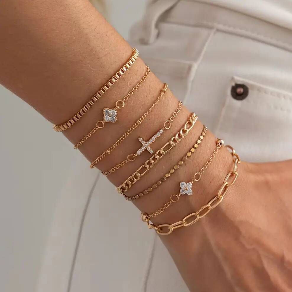 SHIXIN 8Pcs/Set Gold Color Geometric Link Chain Bracelet Women Bohemian Inlaid Rhinestones Cross Bangle Party Jewelry Accessory