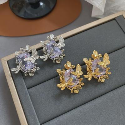 Eleganti orecchini placcati oro rame Dongdaemun 2024 della Corea del Sud con intarsio di zirconi per donna