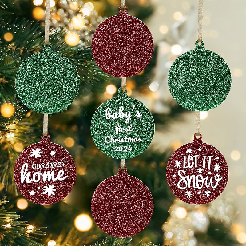 UNIQOOO 3  Clear Round Acrylic Christmas Ornament 2024, 4mm Extra Thick, DIY Bulk Blank Circle Bulb Xmas Bauble Tree Decorations, Stocking Name Tag, Red & Green Glitter,round