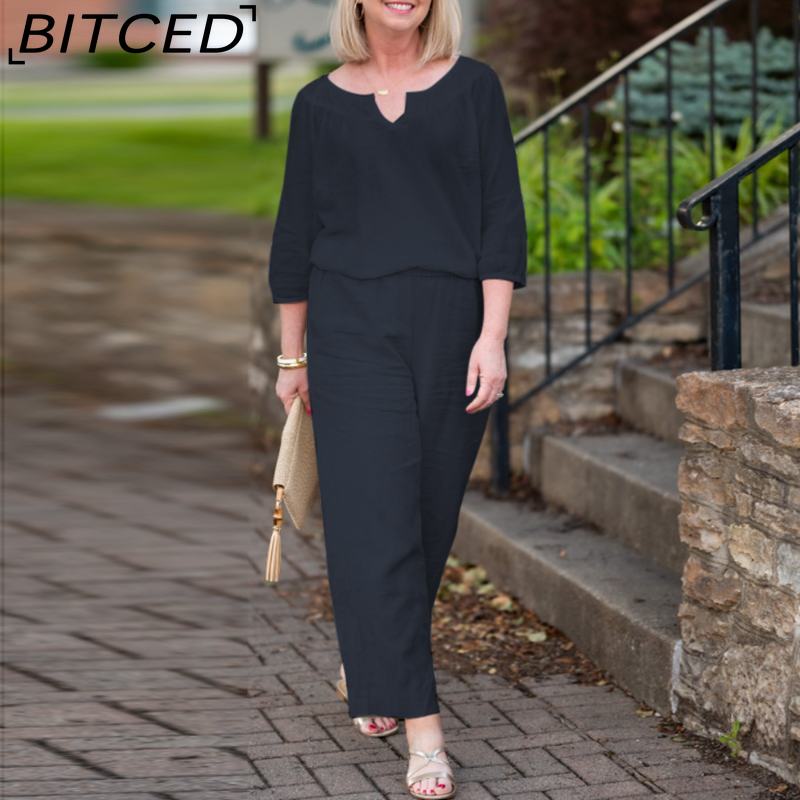 

BITCED Плюс размер Женский повседневный комплект из хлопка с пуговицами, средним рукавом и карманом, однотонный топ и брюки с V-образным вырезом XXXXXL темно-синий