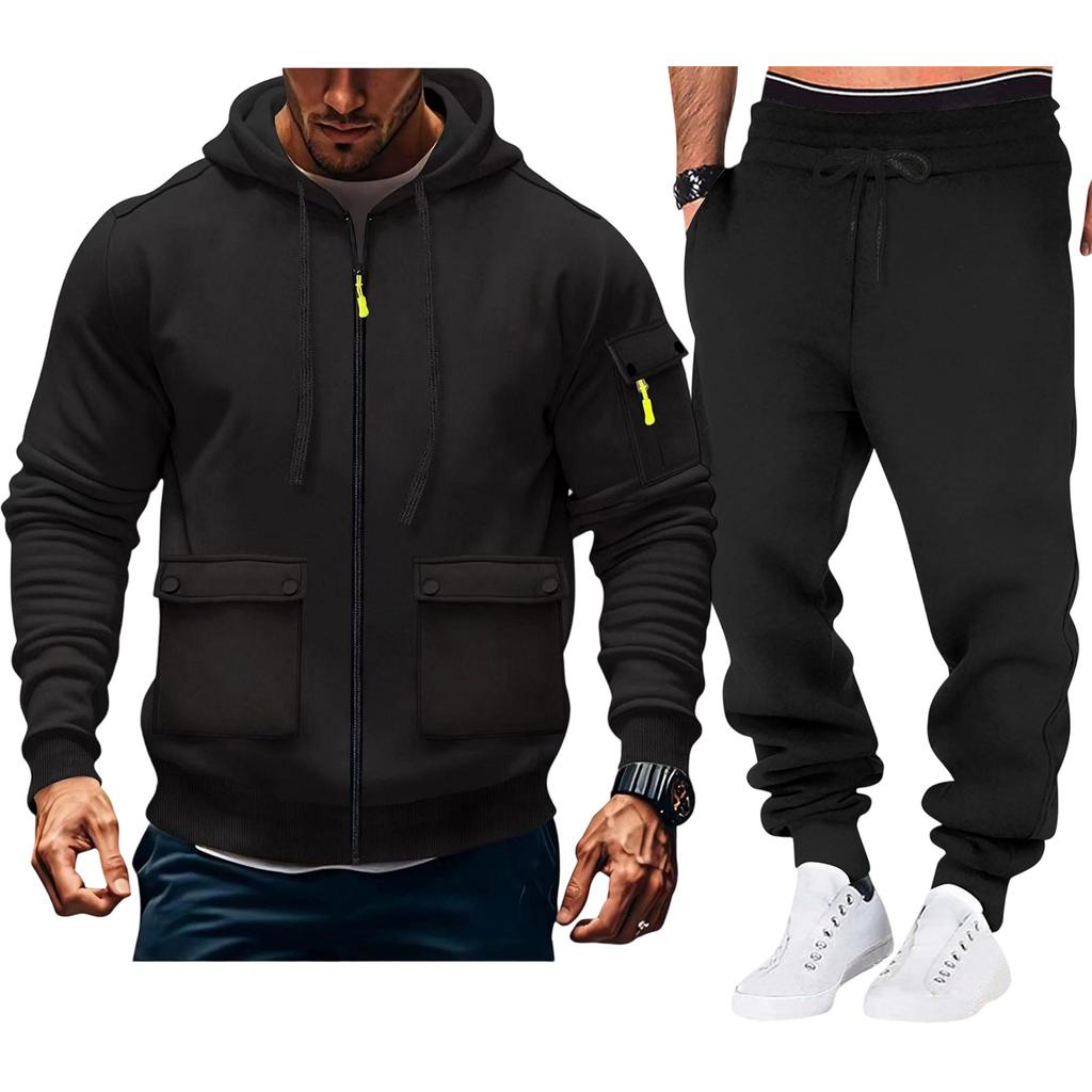 Men'S Hoodie Multi Pocket Hooded Long Sleeved Casual Sports Two-Piece Set