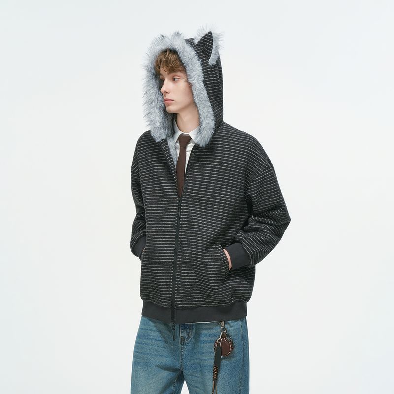 Dream Made Cat Ear Mountain Carving Jacket for Men, Winter Fleece-Lined Thickened Warm Couple Cotton Coat, Striped Cotton Jacket