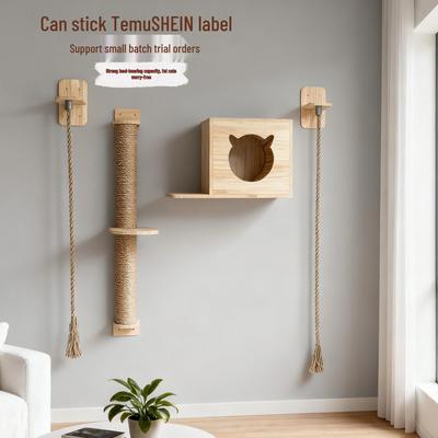 Available Pine Wall-Mounted Scratchable Cat Tree with Integrated Nest and Jumping Platform - Space-Saving Cat Climbing Post Toy