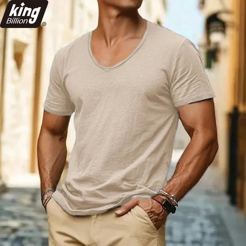 Camiseta Informal para Hombre de Manga Corta con Cuello en V - Tejido Slub Ajustada Lisa Beige Transpirable Verano Básica Diaria Camiseta Superior