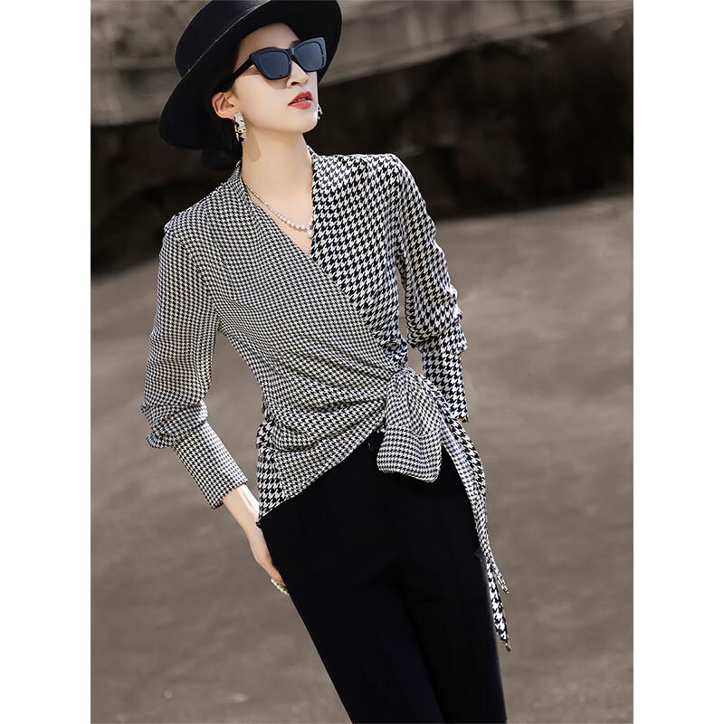 Lansere 2026 Spring V-Neck Houndstooth Blouse