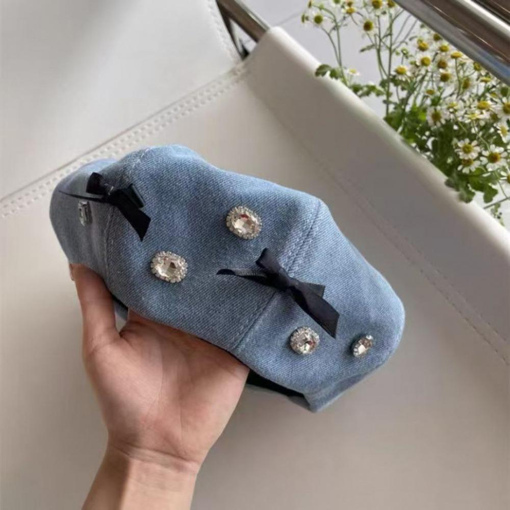 Washed Denim Women Beret Hats Rhinestone Embellished Painter Cap  Spring Autumn Season