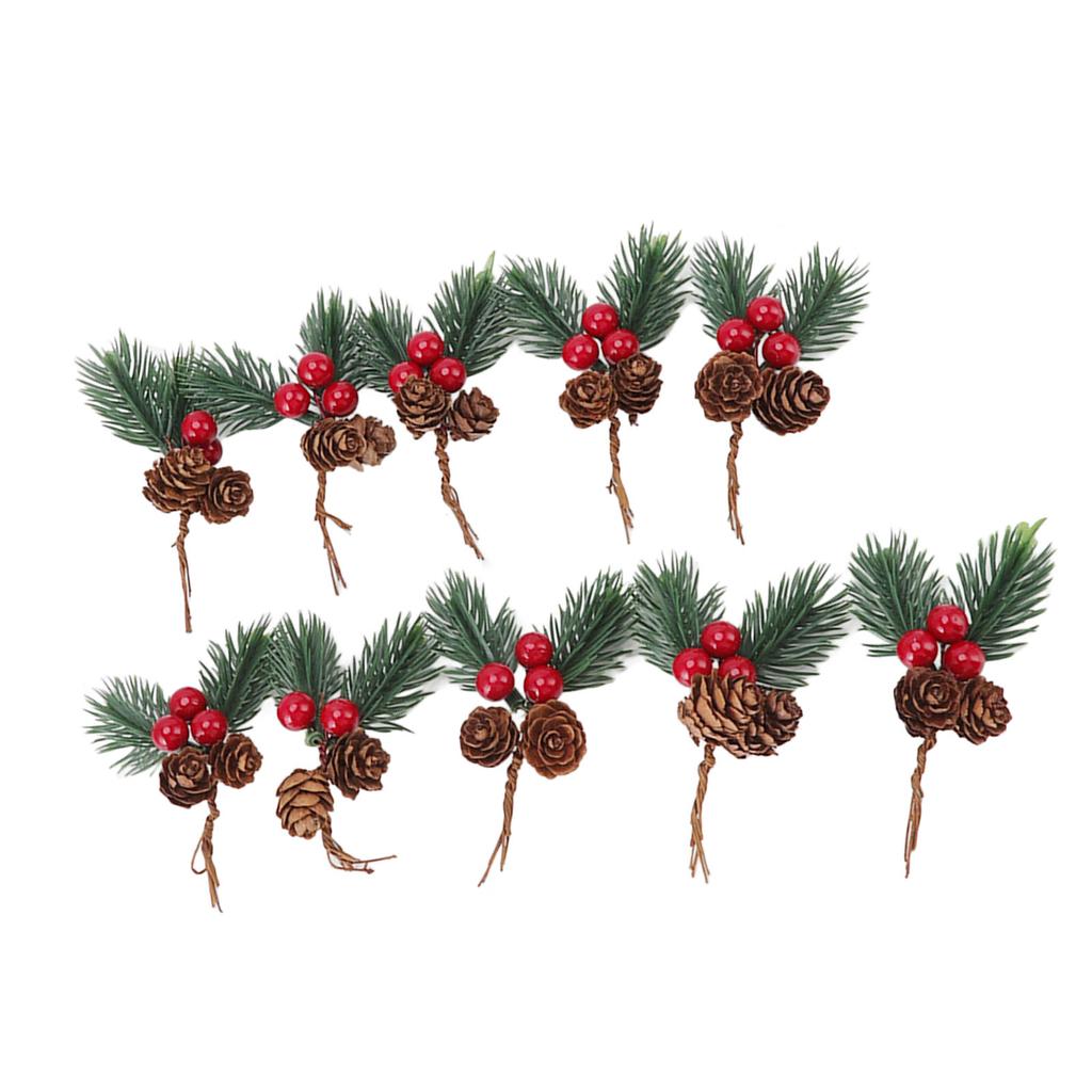 10Pcs Christmas Picks Pinecone Red Berry Pin Needle Artificial Delicate Christmas Decorations