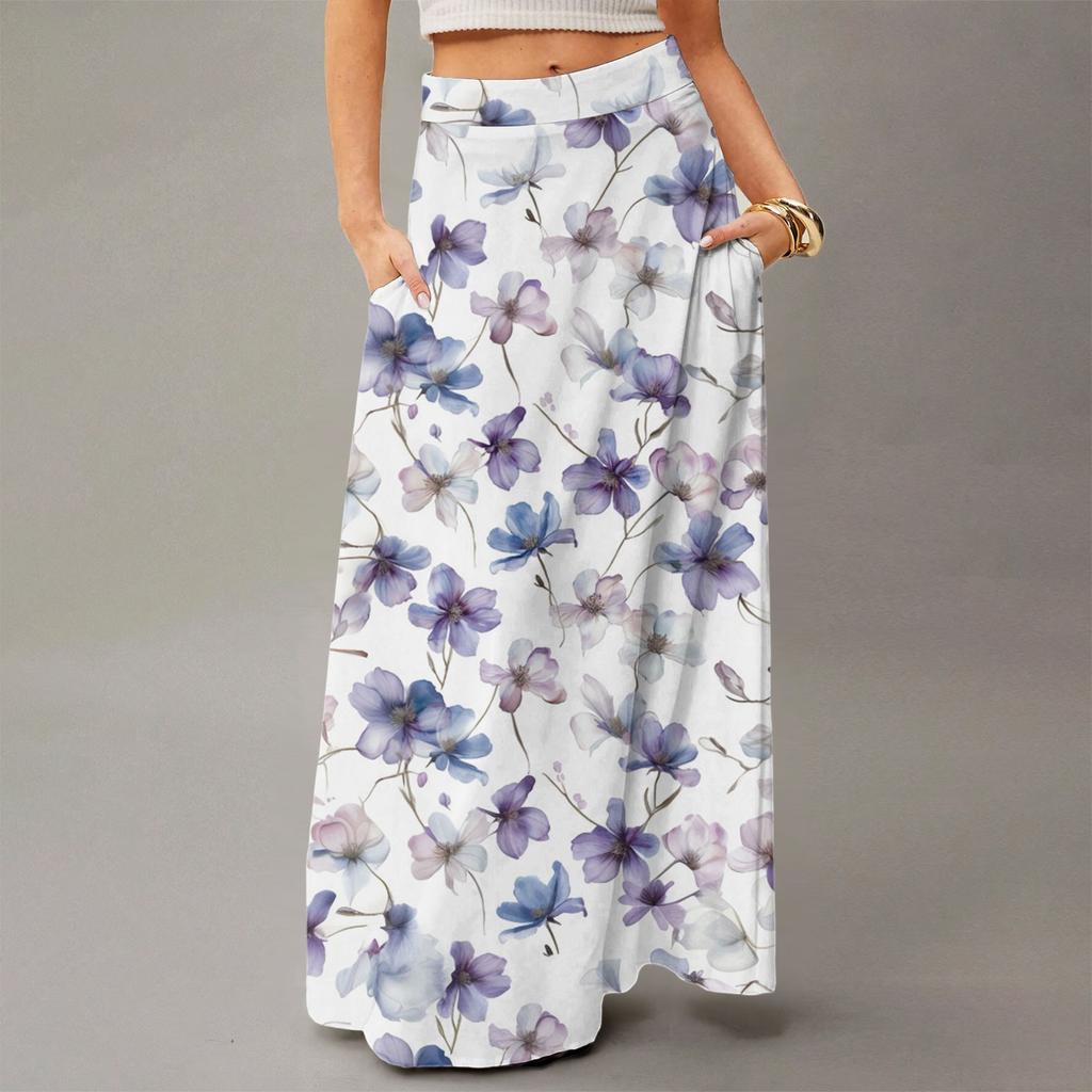 Damen Lässig Freizeit Faltbar Blumenmuster Hohe Taille Mit Tasche Drapierter Entspannter Langer Maxi-Rock