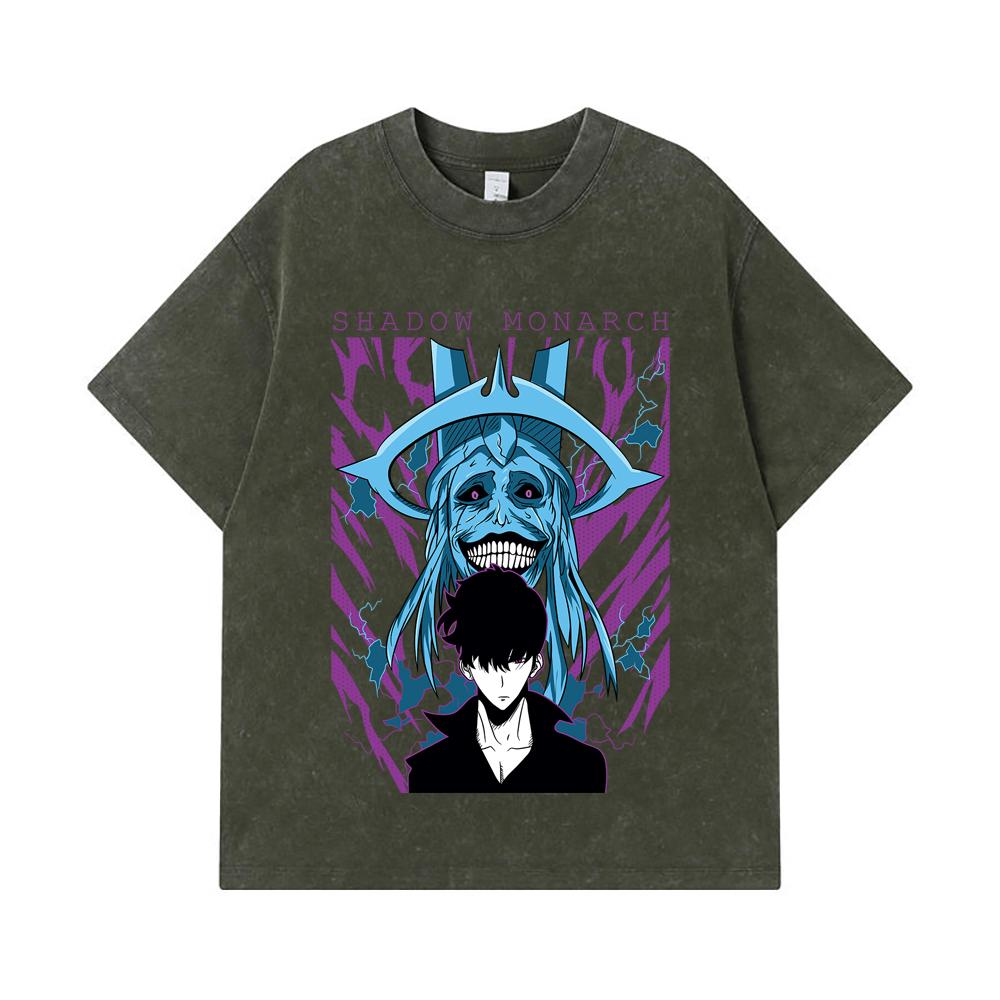 275 GSM Washed T-shirts 100% Cotton Solo Leveling V5 Print Unisex Heavy Cotton T Shirt S