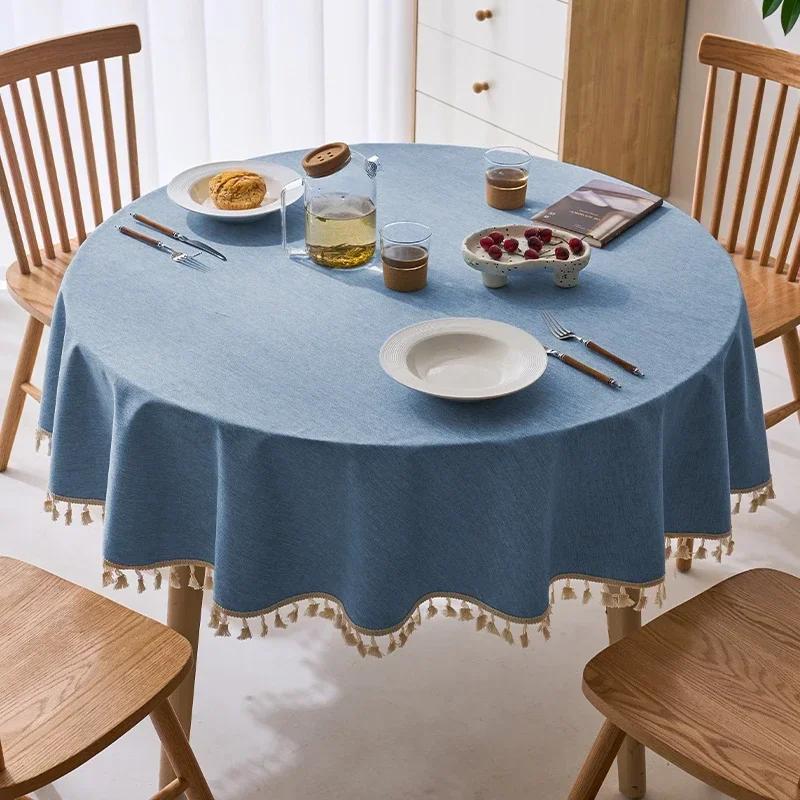 Tassels Tablecloth Waterproof Solid Color Table Cloth Round Cotton Linen Table Cover Dining Party Hotel Desk Case