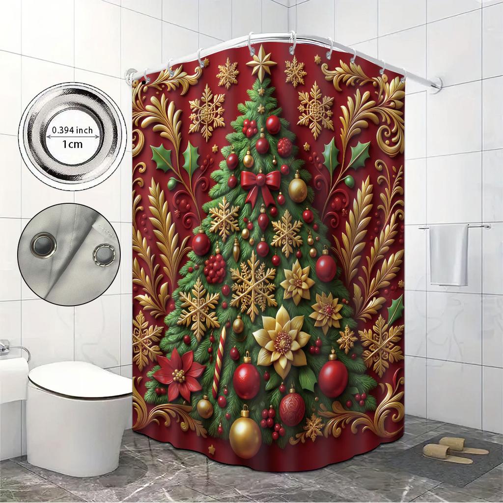 1pc red Christmas tree print waterproof shower curtain partition privacy hanging curtain, with 12 hooks, easy to install