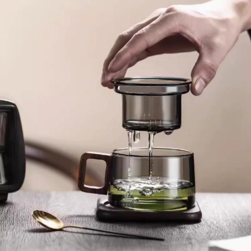 Wooden Handle Glass Teacup With Lid With Filter Cup Tea Water Separator Heatproof Kung Fu Tea Set Office Teacup