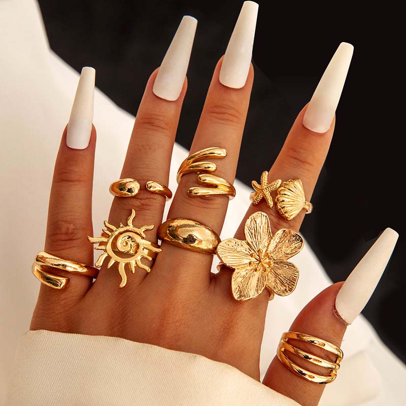 8Pcs/Set Vintage Metal Flower Shell Sun Rings Set for Women Punk Gold Color Irregular Adjustable Knuckle Ring Jewelry Gift