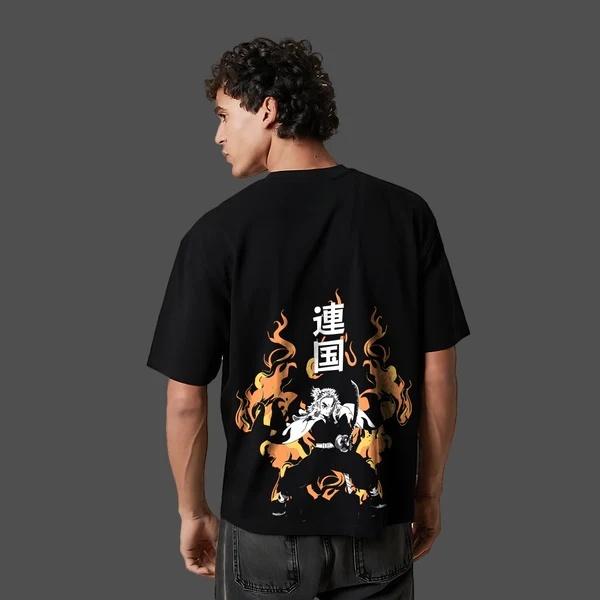 Demon Slayer Anime Kyojuro Rengoku Oversized Black Tshirt Men and Women Breathable High Quality Y2K Short Sleeve Summer Tshirt